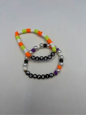 Handmade Halloween “Hey Boo” & “Pumpkin” Beaded Bracelet Set